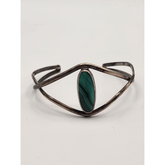 Artist signed Rocky Sterling Silver Malachite Cuff Bracelet Vintage